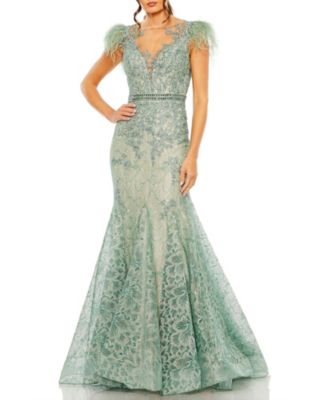 Women's Embellished Feather Cap Sleeve Illusion Neck Trump