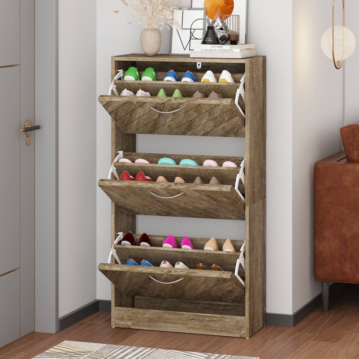 Wooden three-door yellow shoe cabinet, shutter door drawers, multi-purpose shoe rack with adjustable shelves - Grey