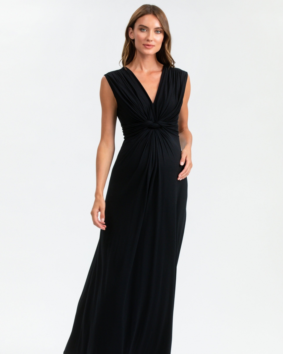 Maternity Sleeveless Knot Detail V-Neck Nursing Papaver Dress - Black
