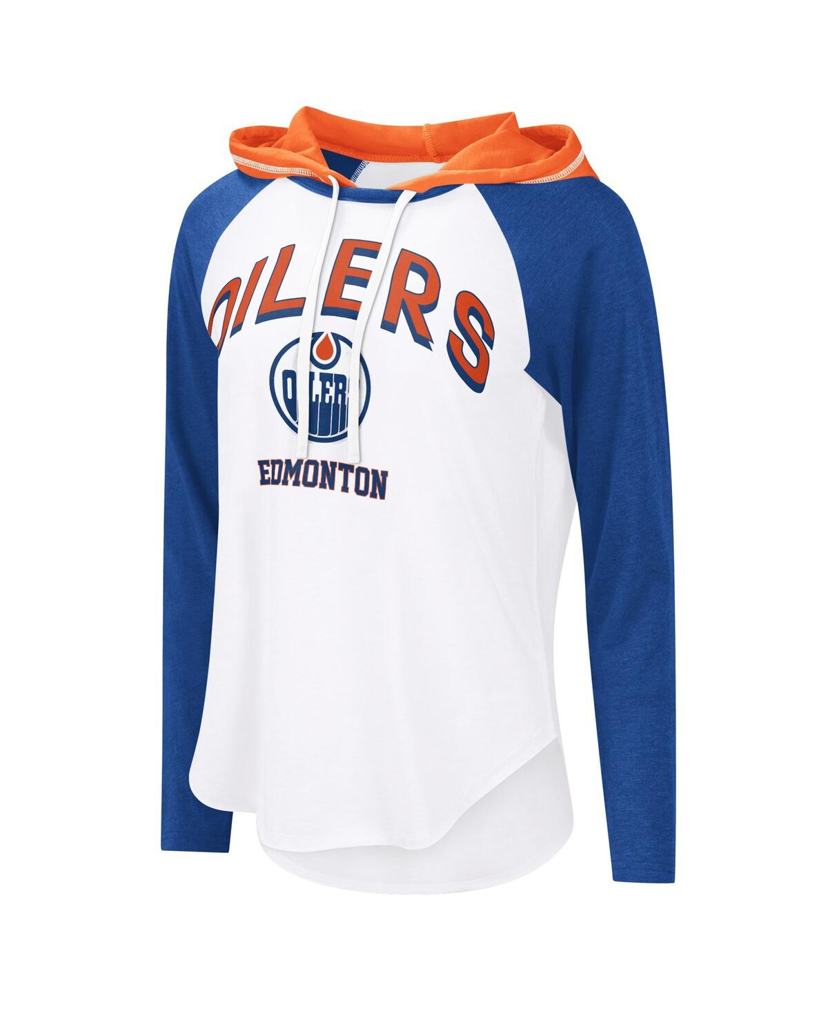 G-iii 4her By Carl Banks Women's White/blue Edmonton Oilers Vip Raglan Long Sleeve Hoodie T-shirt In White,blue