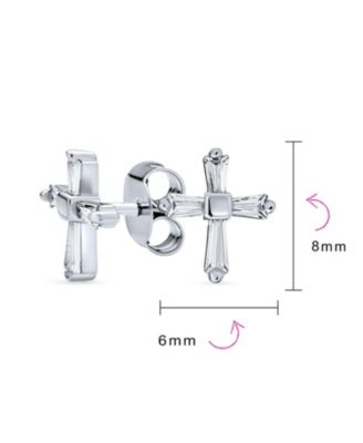 Accent CZ Cubic Zirconia Baguette Petite Religious Cross Stud Earrings Plated .925 Sterling