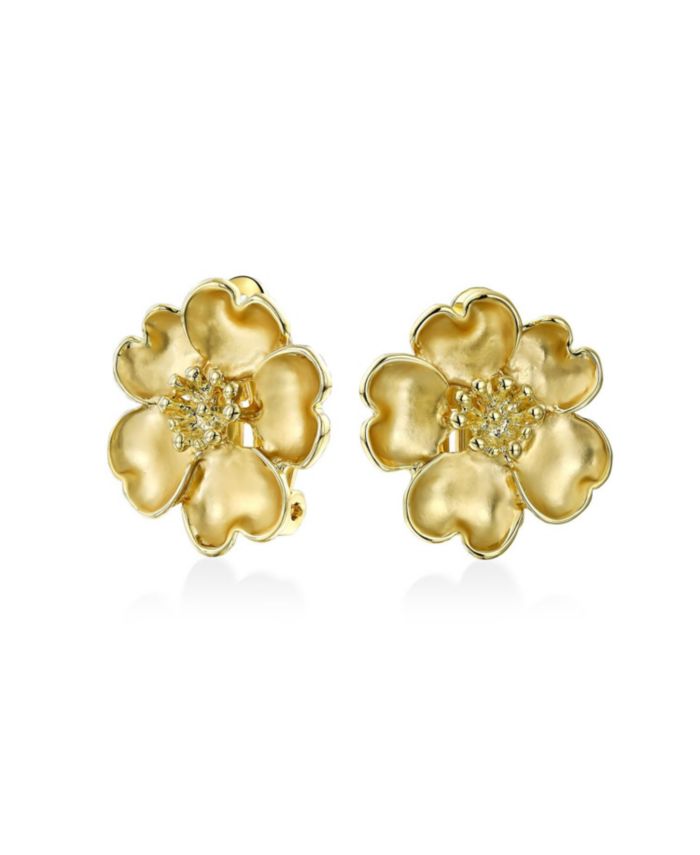 Bling Jewelry Heart Petals Flower Clip On Earrings CZ Ears Matte 14K
