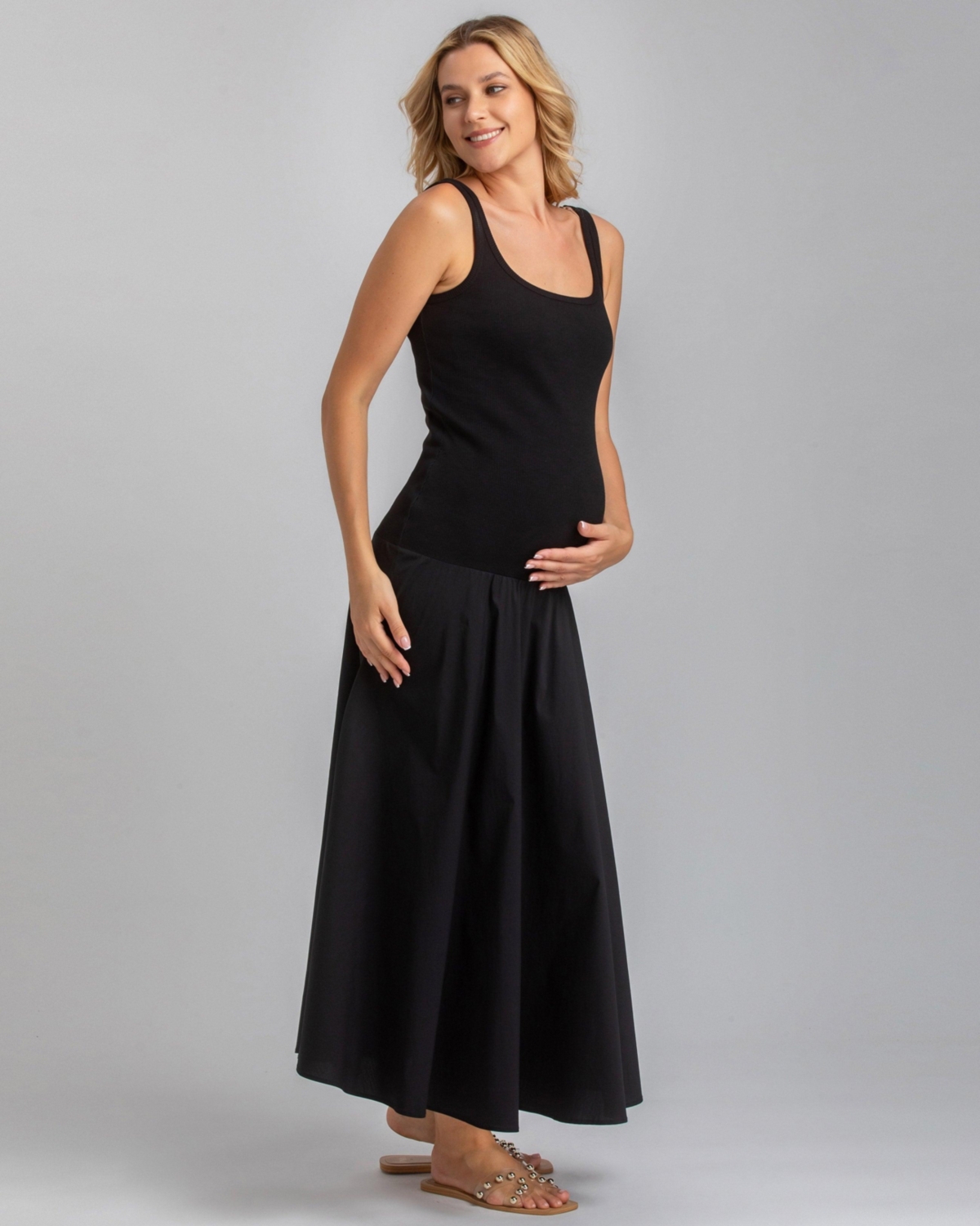 Maternity Sleeveless Rib Knit Jersey & Cotton Mirabelle Twofer Dress - Black