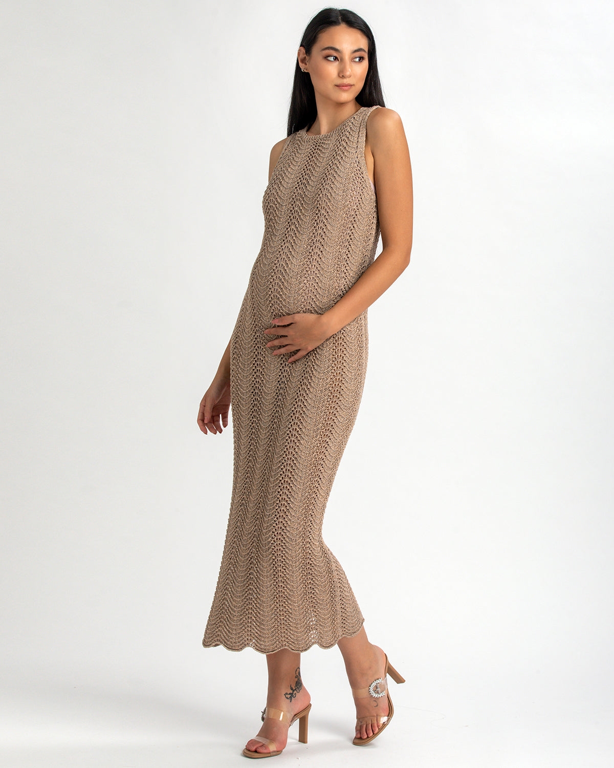 Maternity Sleeveless Crochet Knit Fitted Maxi Hibiscus Dress - Metal shining