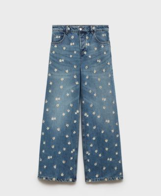 MANGO Women's Flower-Embroidered Wide Leg Jeans - Macy's