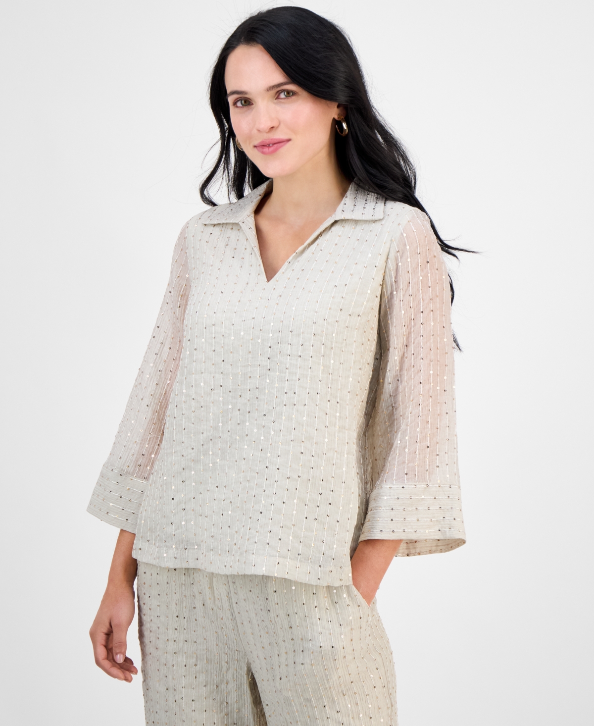 JM COLLECTION PETITE SEQUINNED SPLIT-NECK 3/4-SLEEVE TOP, EXCLUSIVELY AT MACY'S 