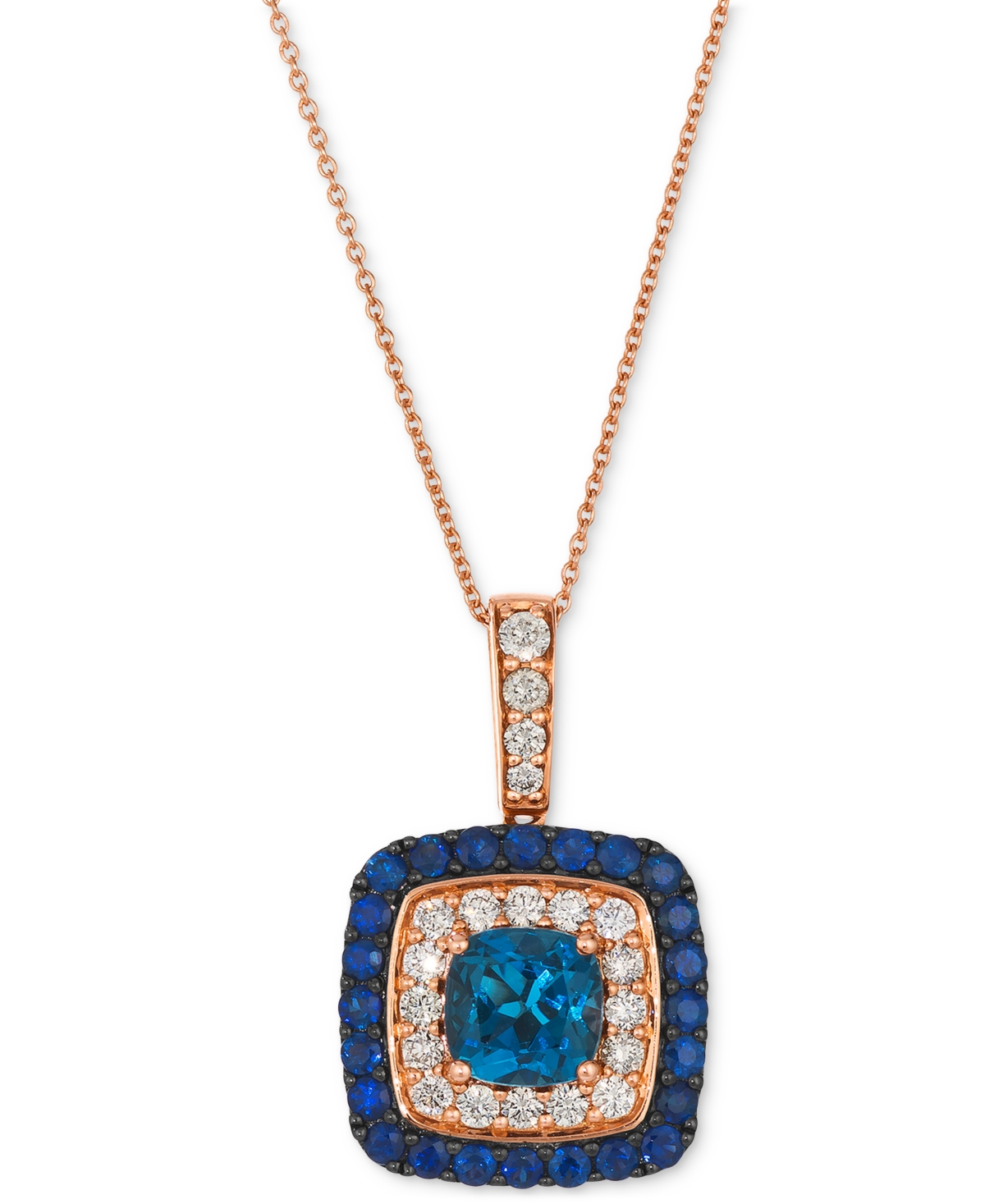Deep Sea Blue Topaz (1-1/2 ct. t.w.), Blueberry Sapphire (7/8 ct. t.w.) & Nude Diamond (1/2 ct. t.w.) Cushion Halo Adjustable 20" Pendant Neck