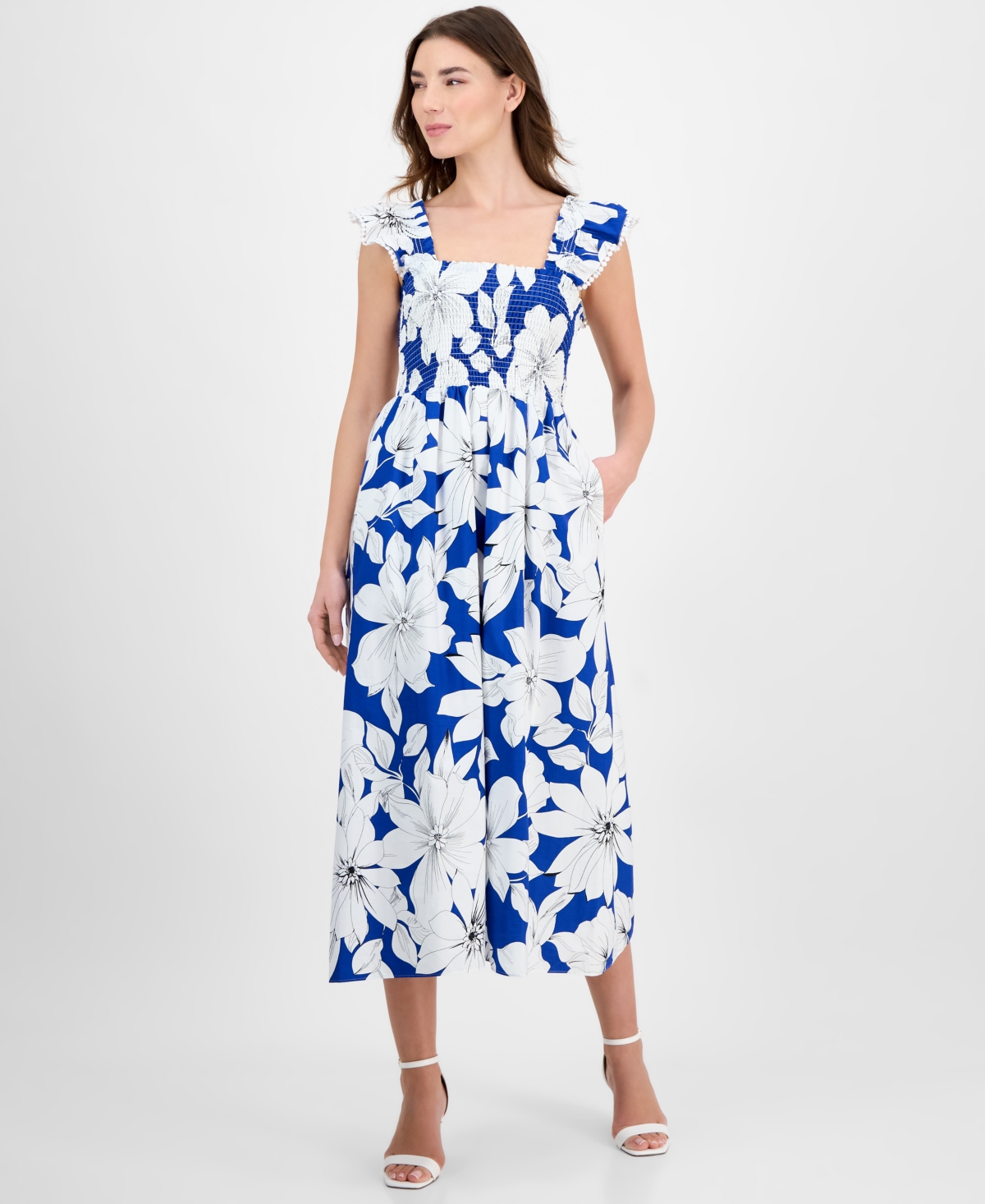Anne Klein Women's Smocked Ruffled-strap Midi Dress