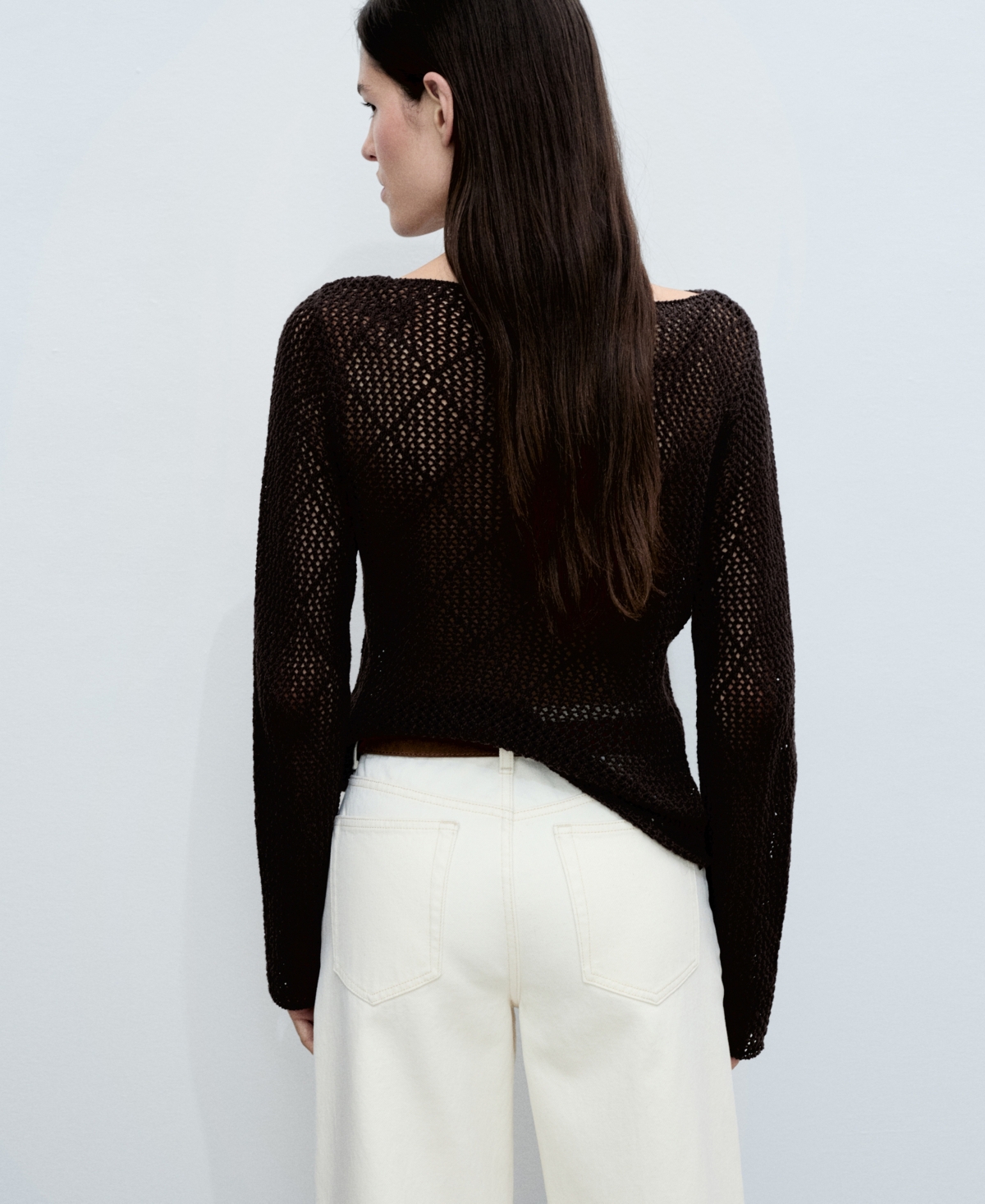 Mango Openwork Knit Cotton Sweater Chocolate In Chocolate
