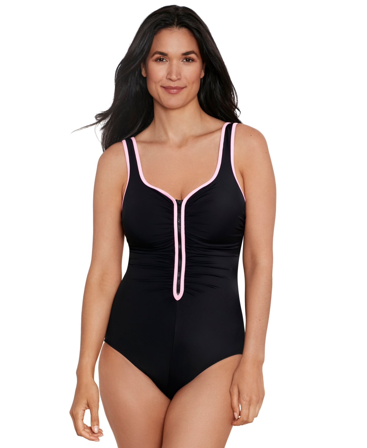 Shape Solver Sport by Mimi Flamingo Women's Color-Coated Shirred One-Piece Zip-Up Swimsuit - Pink
