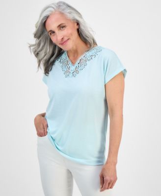 Style & Co - Petite Lace-Trim V-Neck T-Shirt, Exclusively at Macy's