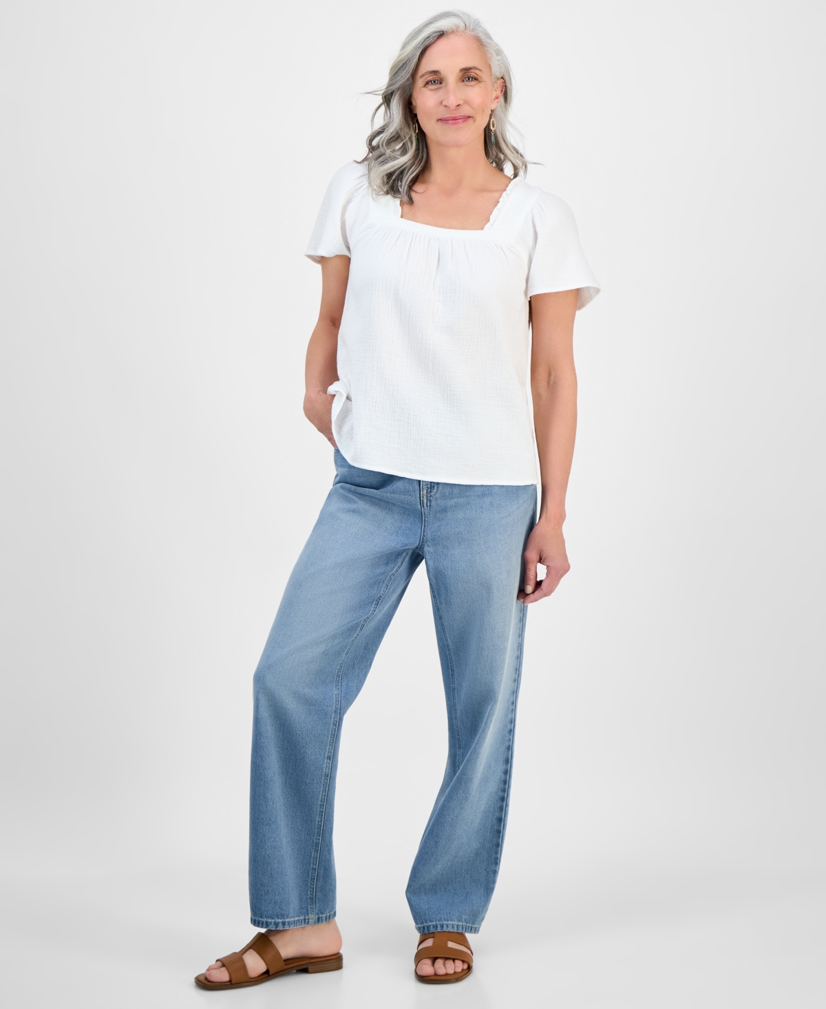 Style & Co Petite Camp Stripe Square-neck Cotton Top, Exclusively At Macy's
