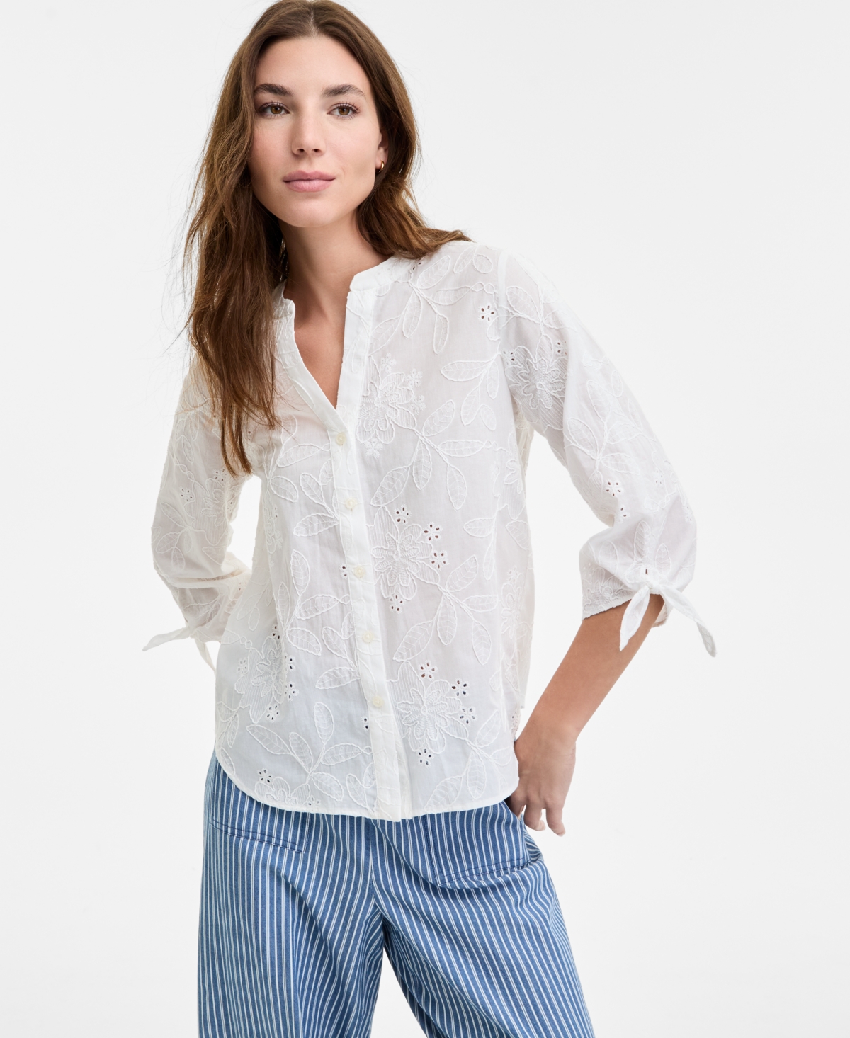 Women's Y-Neck Button-Front Embroidered Cotton Top - Nyc White