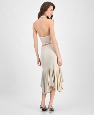 GUESS WOMENS KENZIE CROSSOVER HALTER NECK TOP KENZIE PULL ON FLOUNCE MIDI SKIRT 