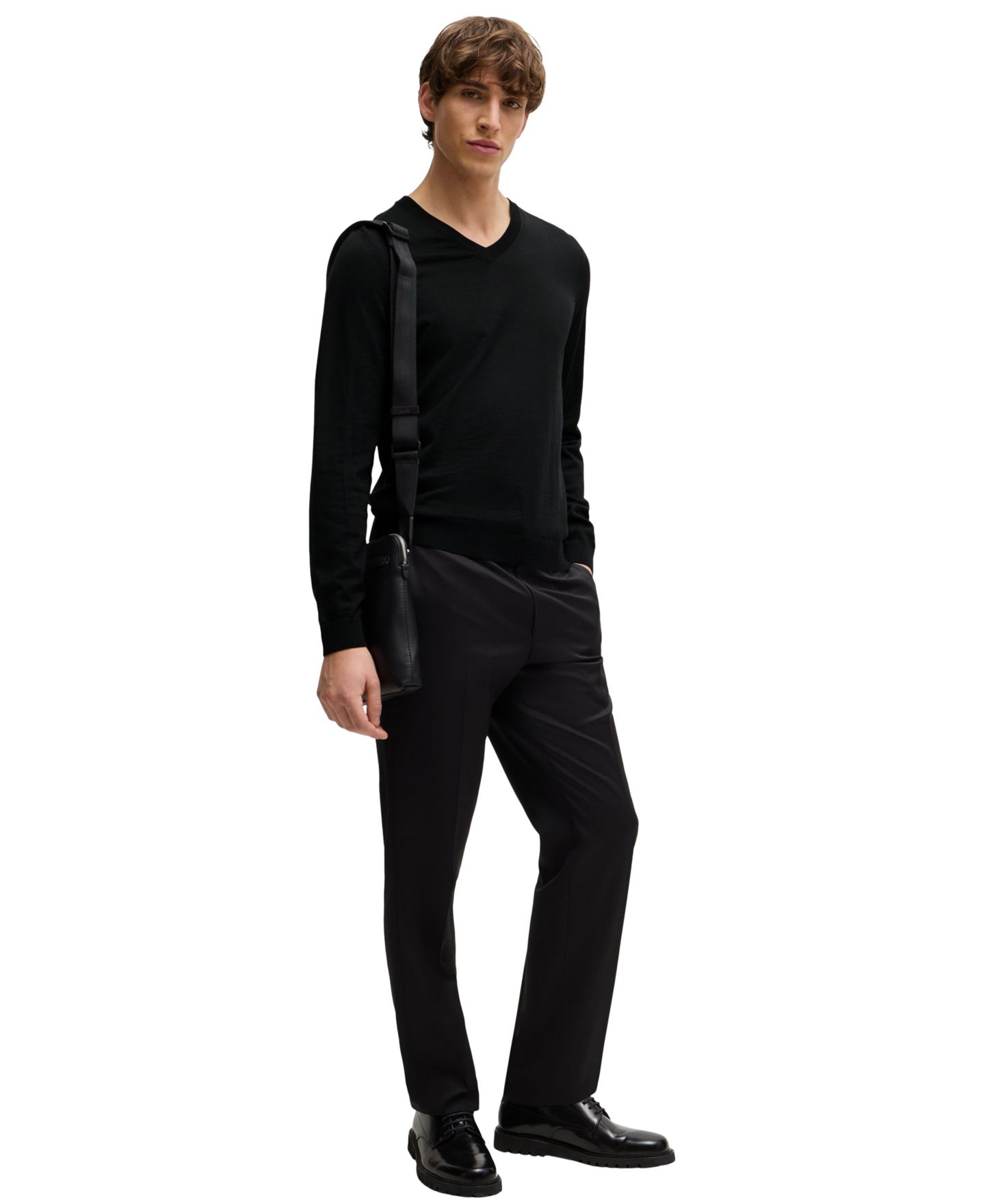 Мужской свитер Hugo Boss Slim-Fit Merino Wool V-Neck, цвет: Чёрный — фото 2