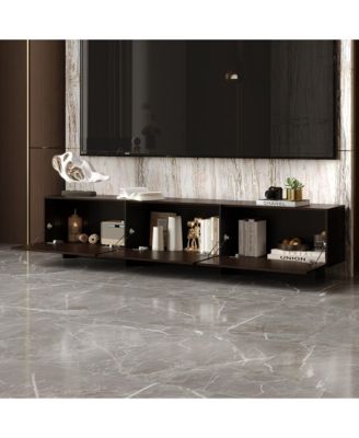 Flip-down 3-door TV stand, black wood media console, multi-purpose entertainment center