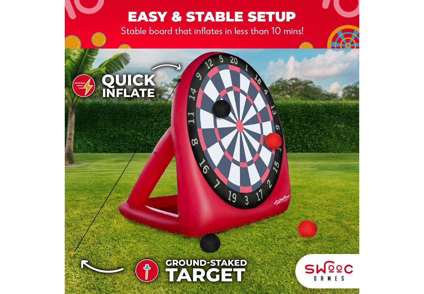 Детские игрушки SWOOC XL Giant Kick Darts (Over 8ft Tall) with 15+ Games Included - Jumbo Soccer Darts w/ Air Pump - Big Inflatable Games — фото 3