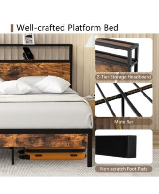 Full Bed Frame with Storage Headboard and Charging Station-Full Size