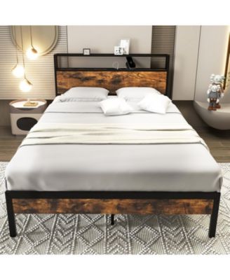Full Bed Frame with Storage Headboard and Charging Station-Full Size