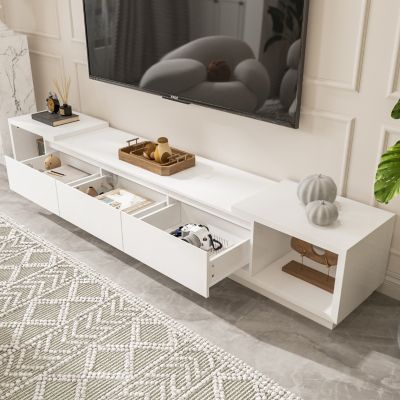 TV stand with two doors and one drawer, media console with six fixed shelves, entertainment center in white wood