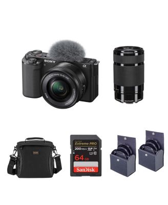 Sony ZV-E10 Mirrorless Vlog Camera with 16-50mm Lens, Black - Bundle with E 55-210mm f/4.5-6.3 OSS Lens, 64GB SD Card, Shoulder Bag, 49mm Filter