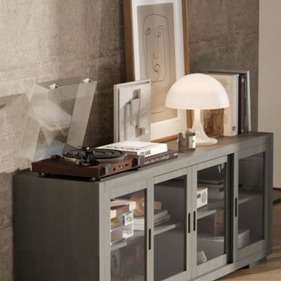 Solid Wood TV Stand with 4 Sliding Tempered Glass Doors,Media Console, Entertainment Center