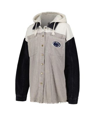 Women's Gray Distressed Penn State Nittany Lions Vintage-Like Wash Corduroy Full-Snap Hooded Shacket
