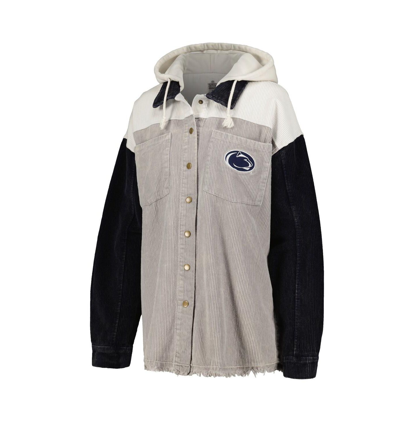 Женские куртки Gameday Couture Gray Distressed Penn State Nittany Lions Vintage-Like Wash Corduroy Full-Snap Hooded Shacket — фото 3