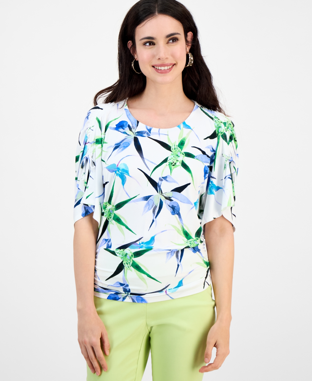 Petite Printed Scoop-Neck Top, Exclusively at Macy's - Eira Blooms White