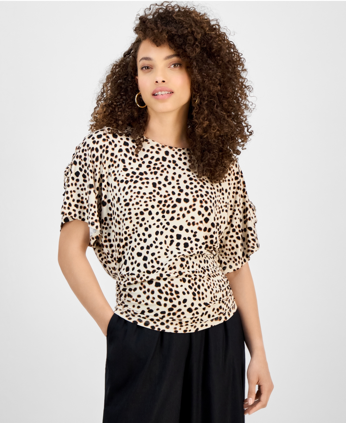 Petite Scoop-Neck Ruched Top, Exclusively at Macy's - Ivy Palm Toffee