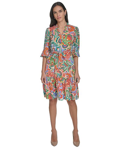 alfani Jessica Howard Women's Printed Tie-Waist Balloon-Sleeve Dress Women's Fashion Shoes & Accessories