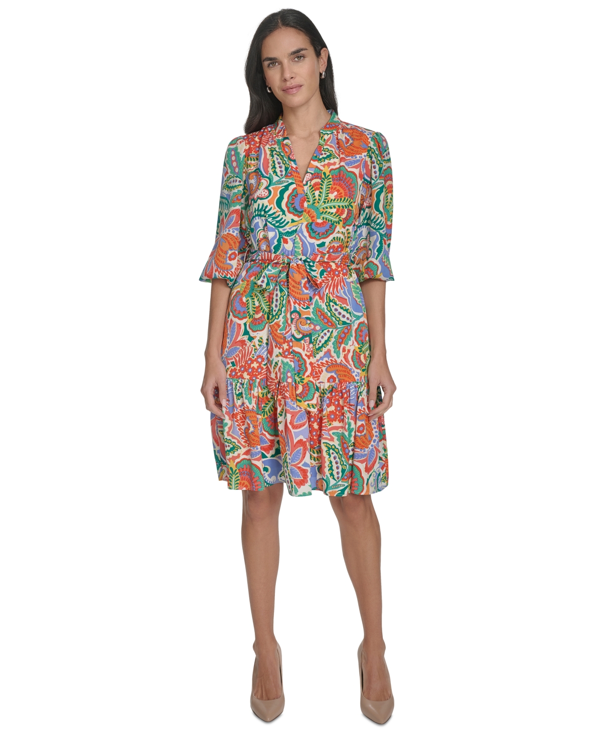 Women's Printed Tie-Waist Balloon-Sleeve Dress - Orange Multi