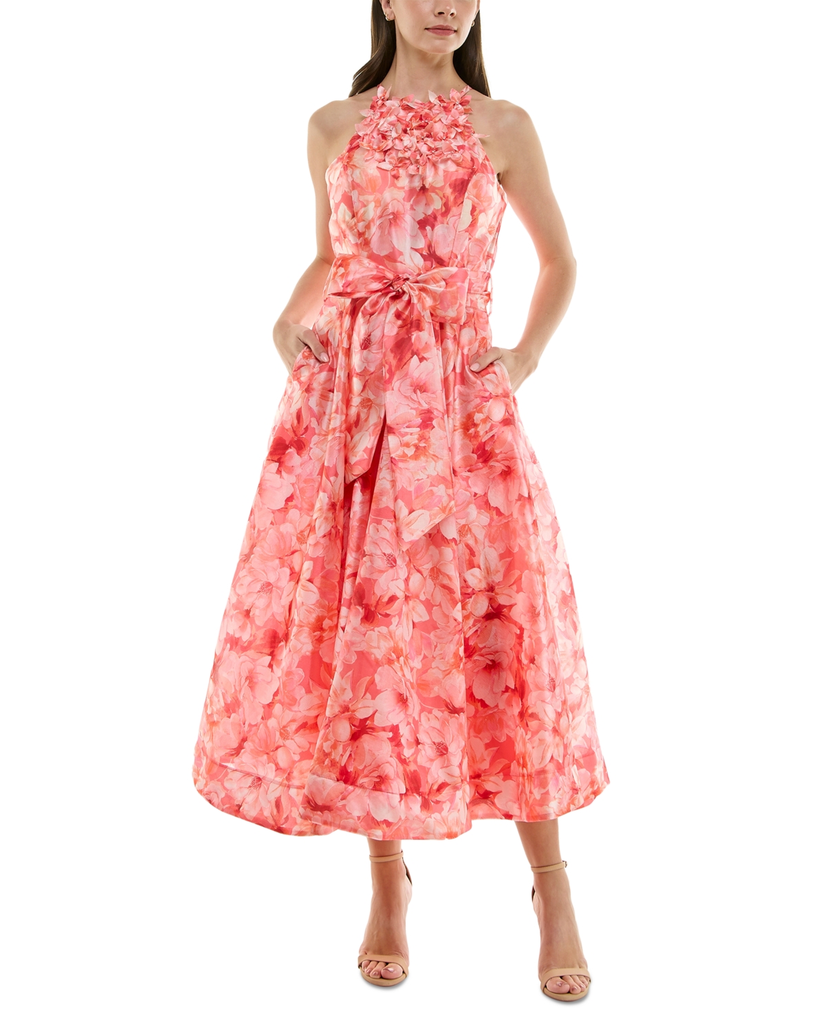 Women's Floral-Trim Bow-Waist Midi Dress - Coral Red