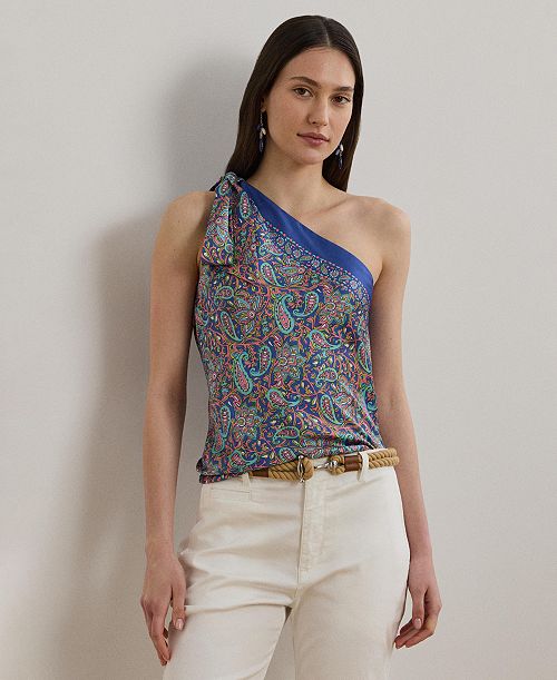 alfani Lauren Ralph Lauren Women's Paisley Twill One-Shoulder Blouse Women's Fashion Shoes & Accessories