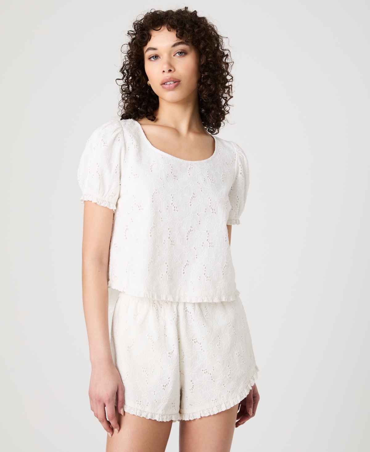 French Connection Eyelet Puff Sleeve Cotton Top In Summer White