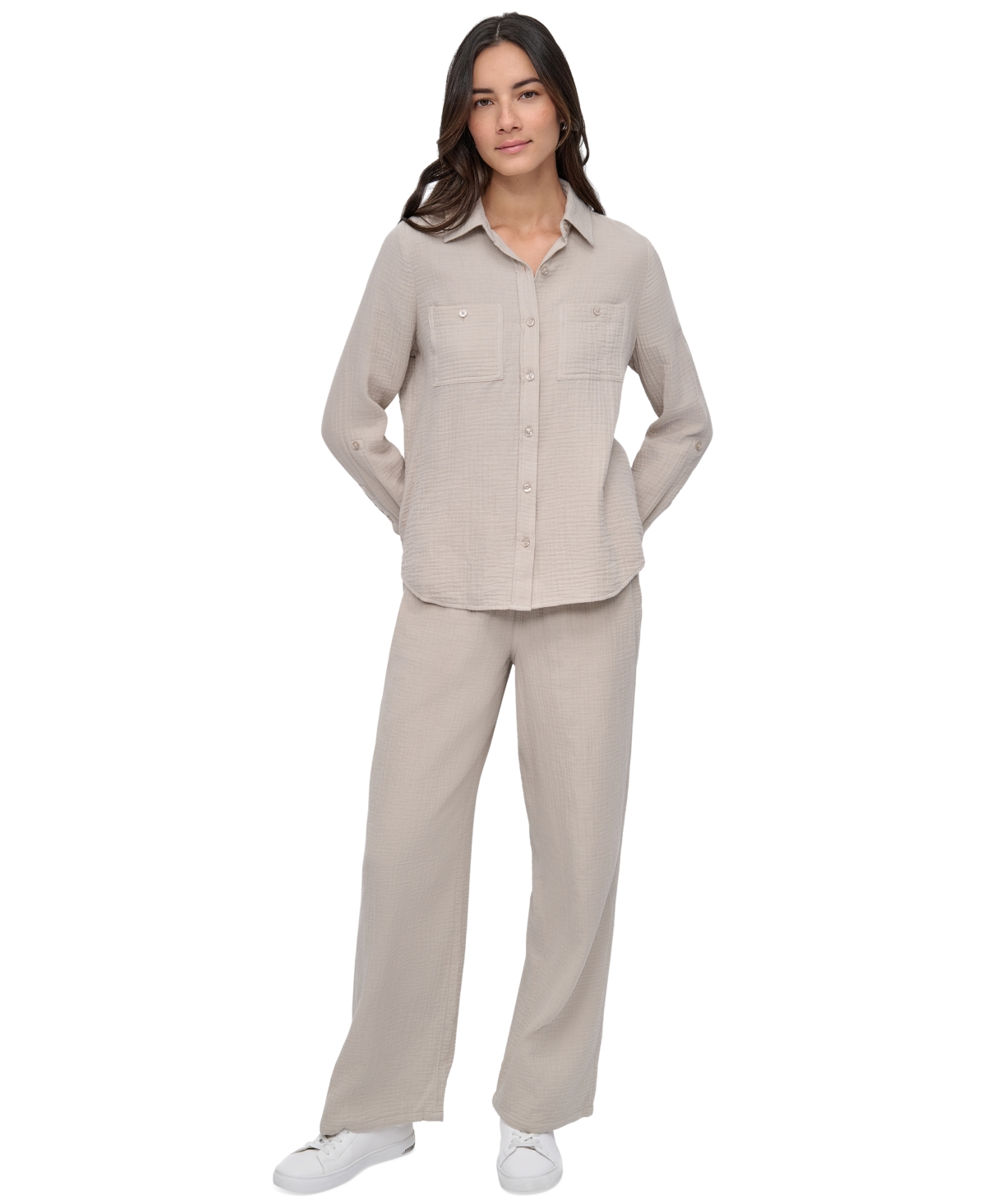 Dkny Jeans Petite Cotton Roll-tab Shirt In Pebble