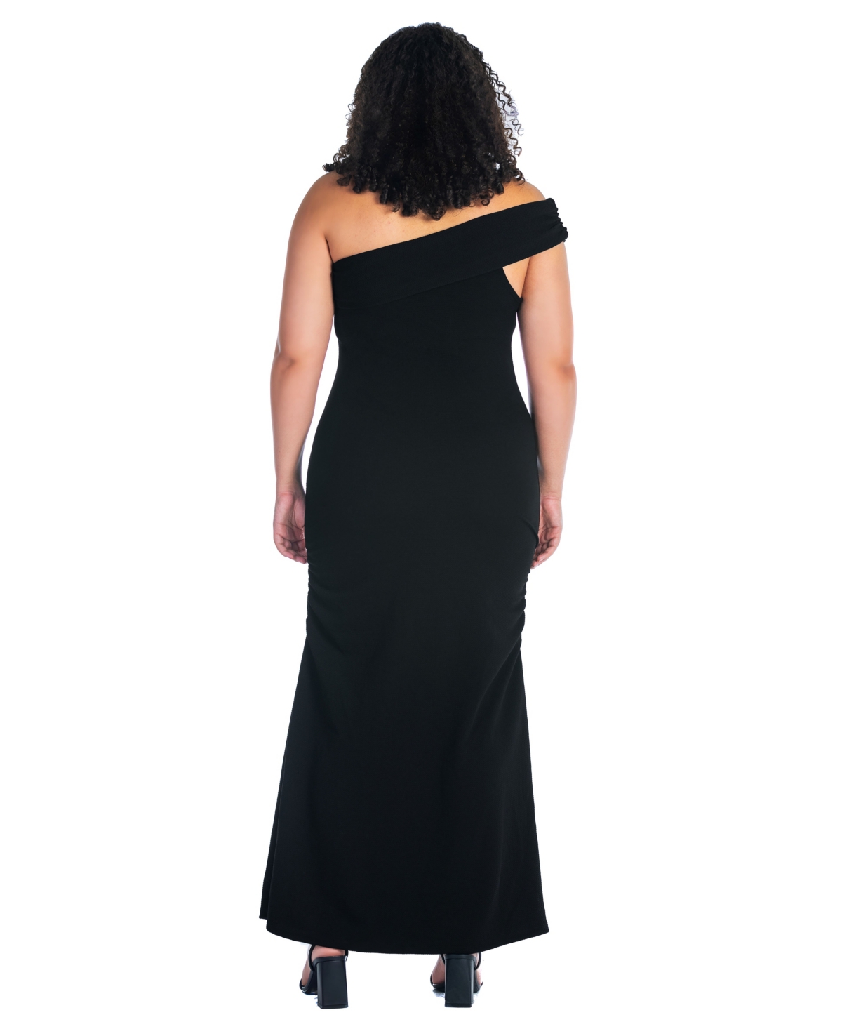 24seven Comfort Apparel Plus Size Formal One Shoulder Rouched Mermaid Maxi Dress In Black