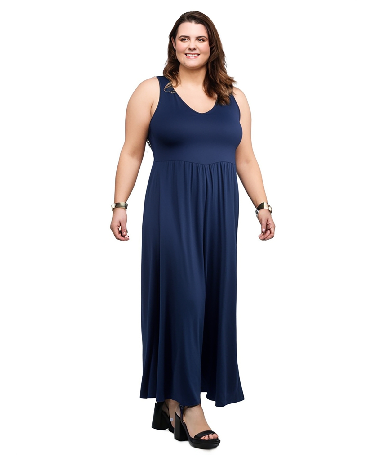 24seven Comfort Apparel Plus Size Maxi Sleeveless Dress With Pockets In Navy