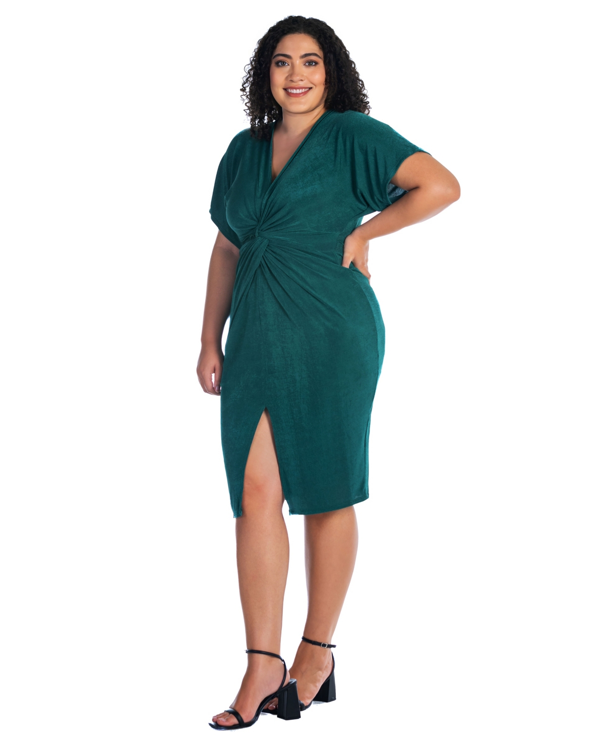 24seven Comfort Apparel Plus Size Short Sleeve V-neck Twist Front Split Hem Dress In Hunter