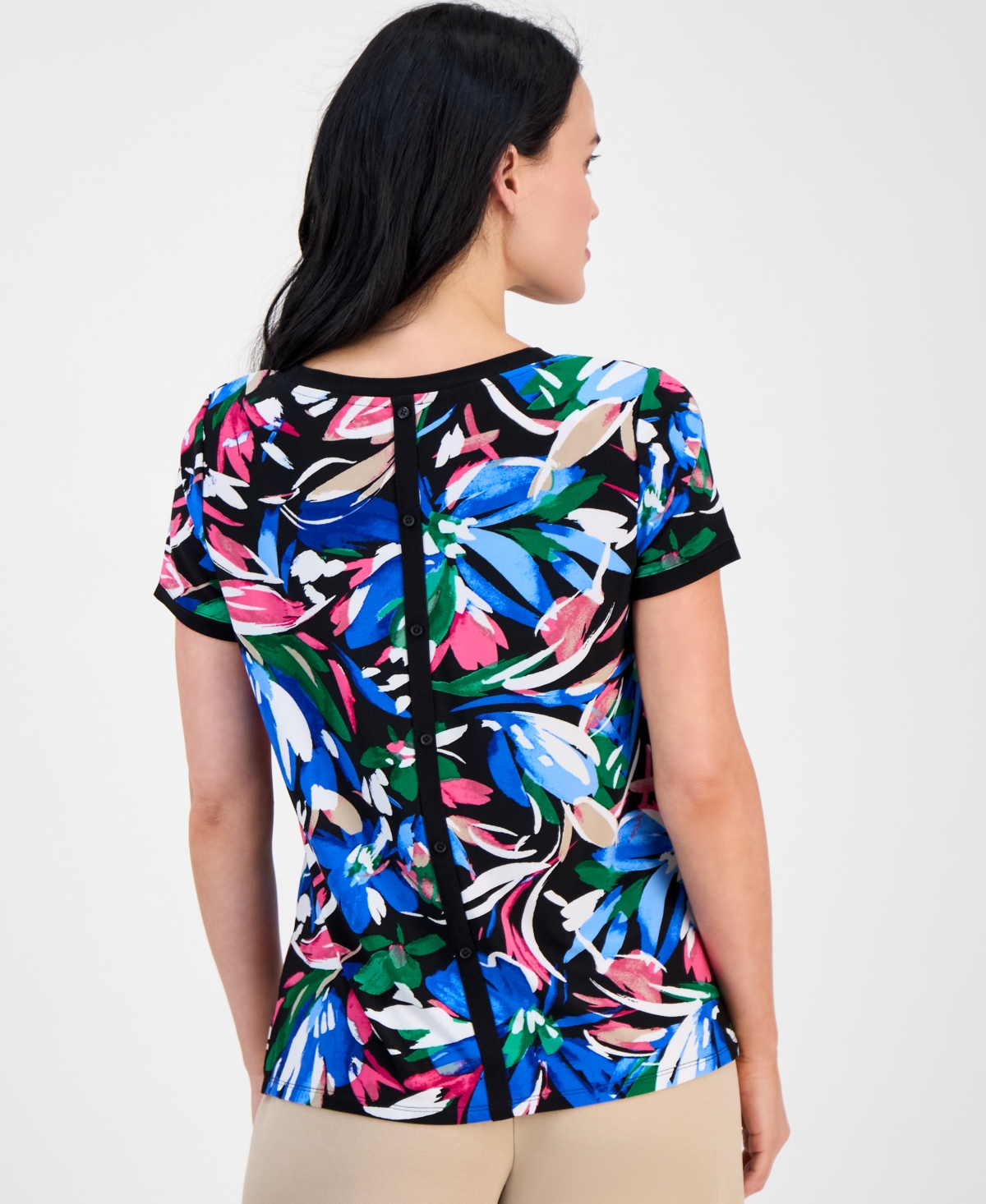 Ak Anne Klein Petite Printed Button-back Short-sleeve Top