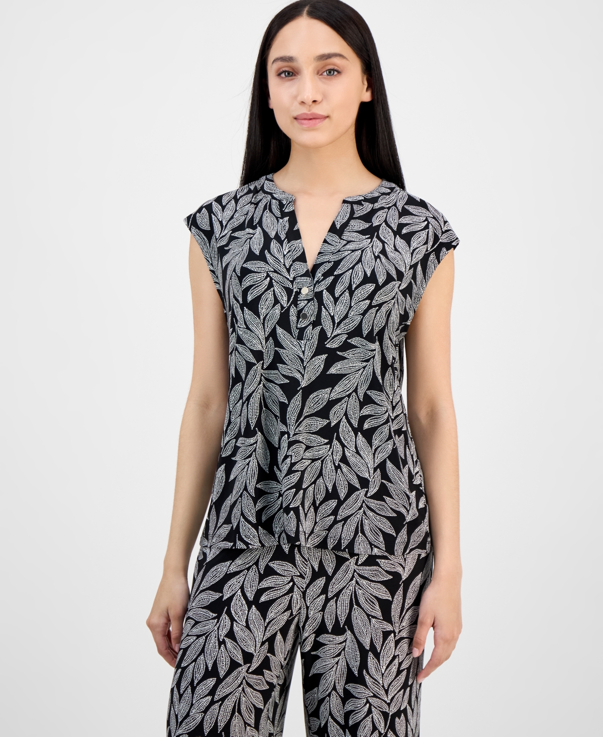 Shop Ak Anne Klein Petite Leaf-print Cap-sleeve V-neck Blouse