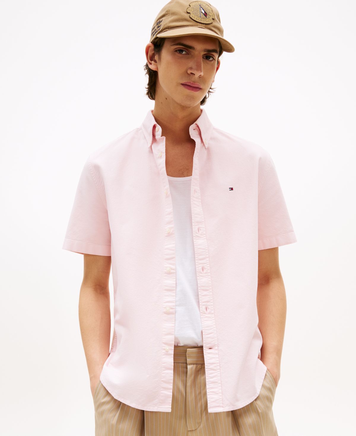 Мужская рубашка свободного кроя Big & Tall с коротким рукавом и пуговицами на пуговицах, окрашенная в оксфордский цвет