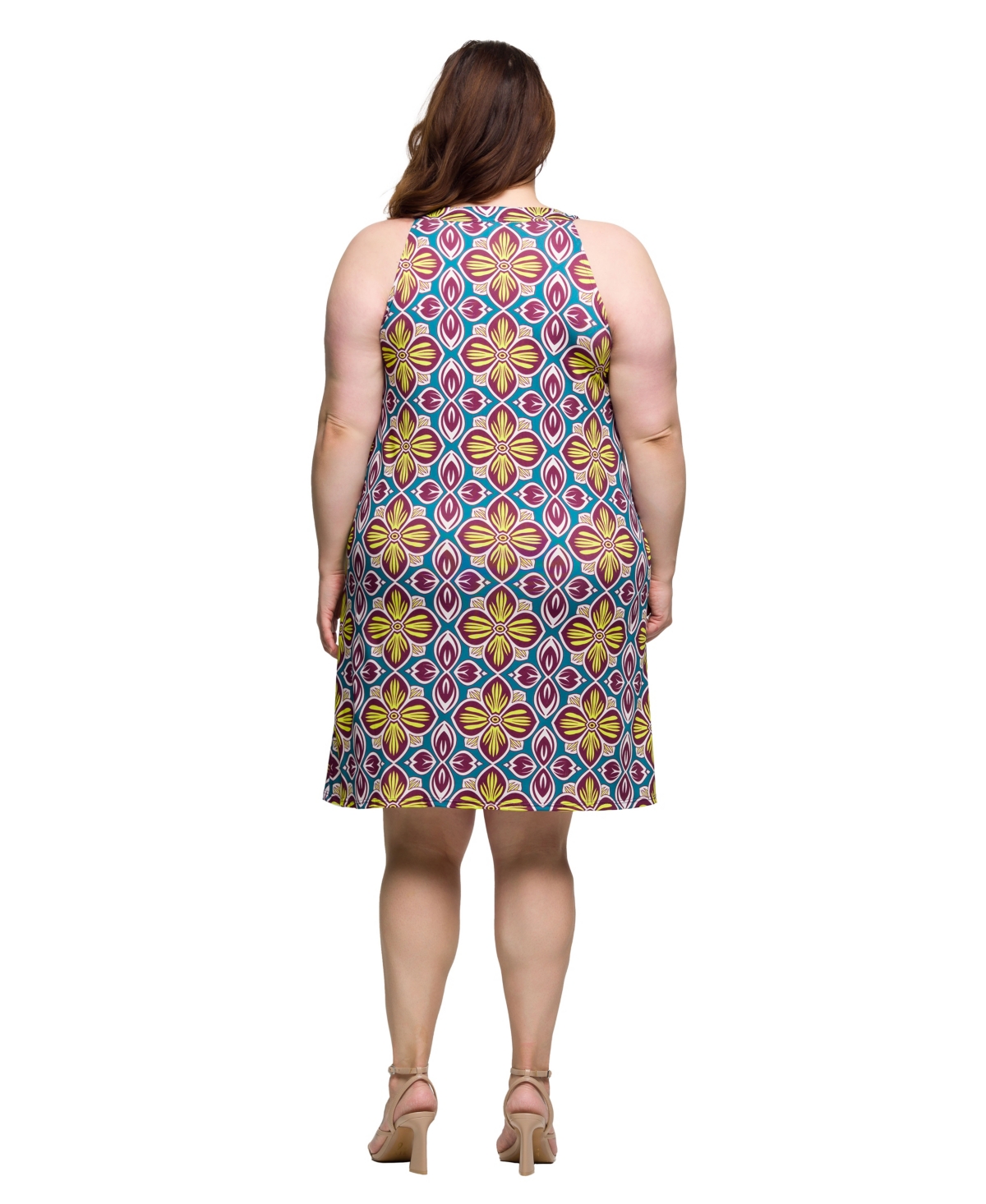 24seven Comfort Apparel Plus Size Print Sleeveless Knee Length Shift Dress In Yellow Multi