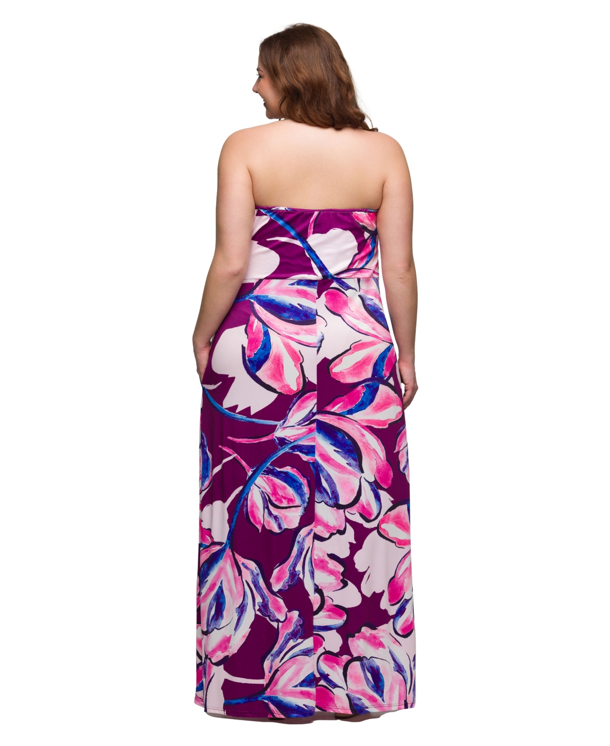 24seven Comfort Apparel Plus Size A-line Strapless Maxi Dress With Pockets In Pulple Multi