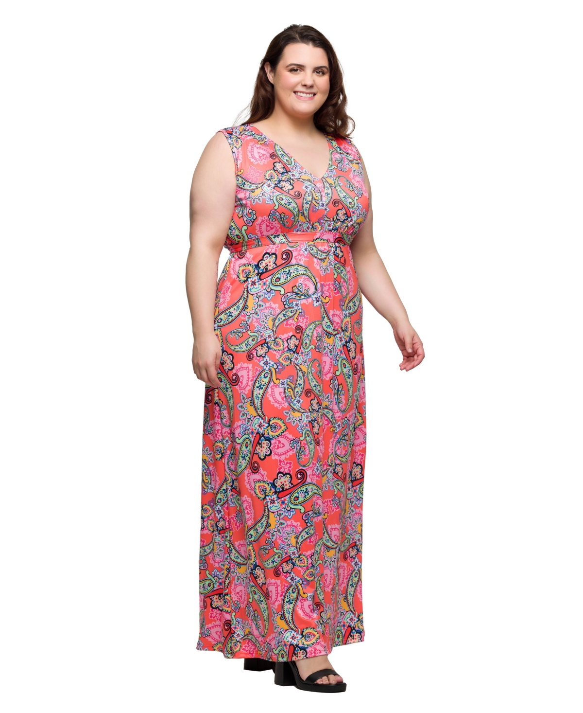 24seven Comfort Apparel Plus Size Print V-neck Empire Waist Sleeveless Maxi Dress In Coral Multi