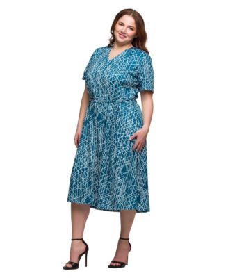 Plus Size Print Short Sleeve Tie Waist Midi Dress