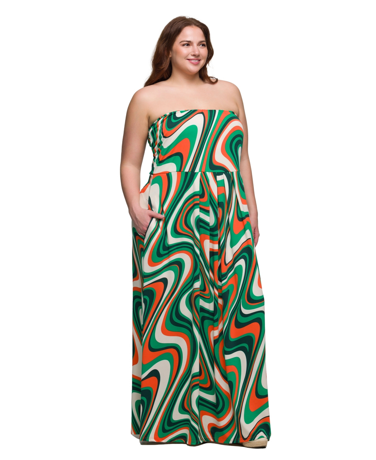 24seven Comfort Apparel Plus Size A-line Strapless Maxi Dress With Pockets In Green Multi