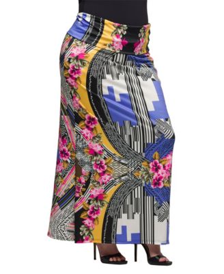 Plus Size Print Fold Over Waist Maxi Skirt