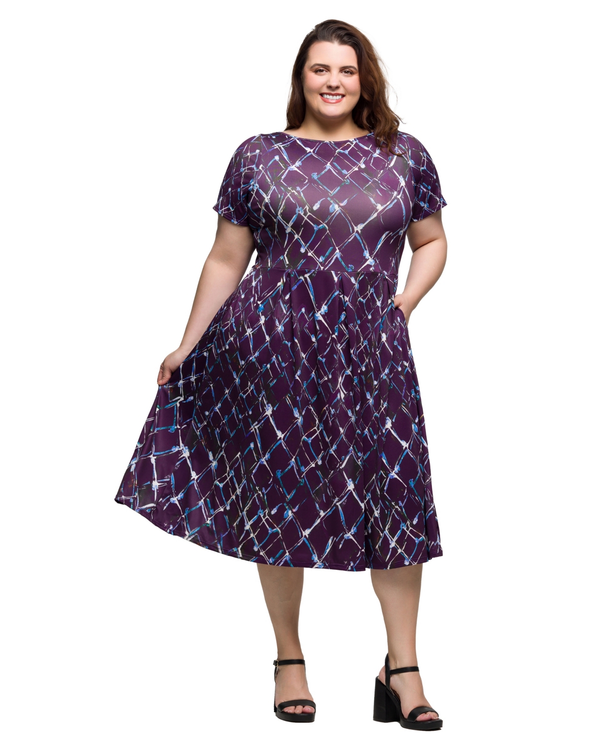 24seven Comfort Apparel Plus Size Print Short Sleeve Pleated Flare Midi Pocket Dress In Purple