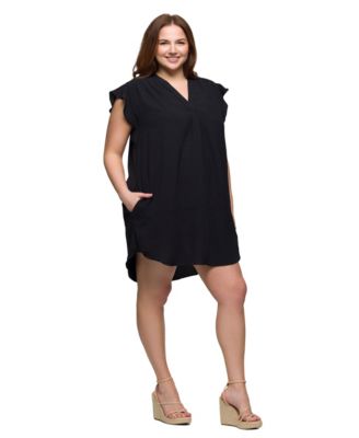 Plus Size V-Neck Cap Sleeve Knee Length Pocket Dress